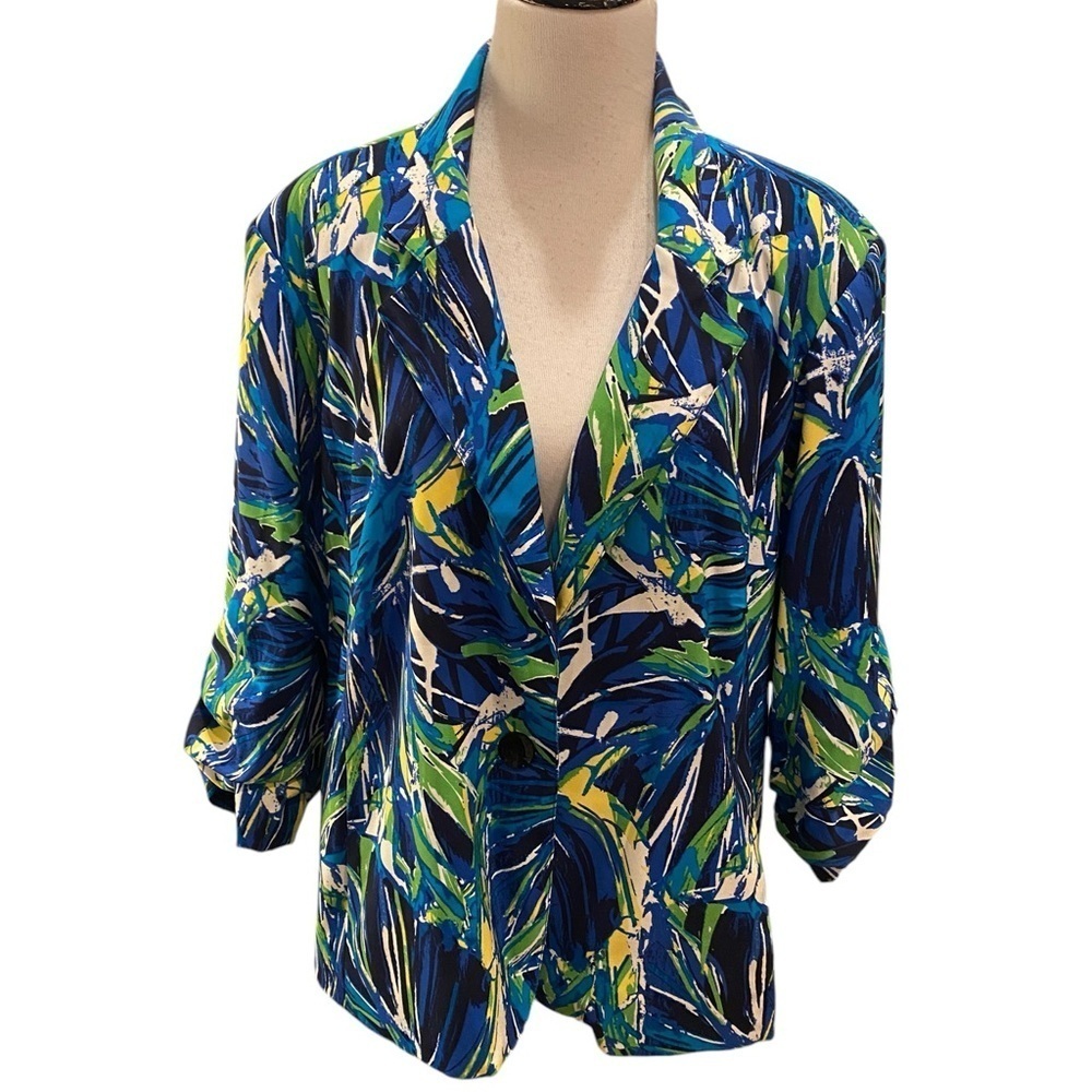 Ivy Chic Woman One Button Up Lined Blazer Jacket Blue Floral 3/4 Sleeve Size 3X